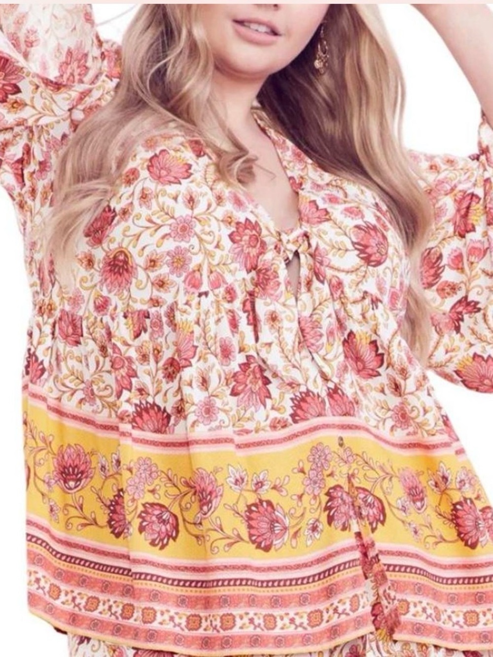Aveology Salma Boho Tie-Front Floral Tunic in Cream, Pink & Yellow 18/20 - Picture 3 of 9